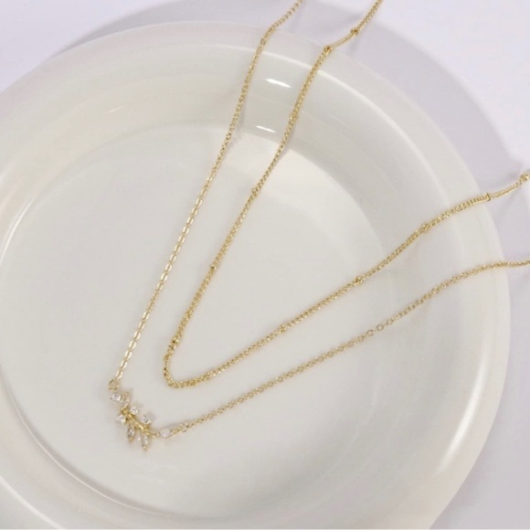 GOLD 14k Plated CZ Leaf Rhinestone 2pc Necklace Set - Picture 4 of 4